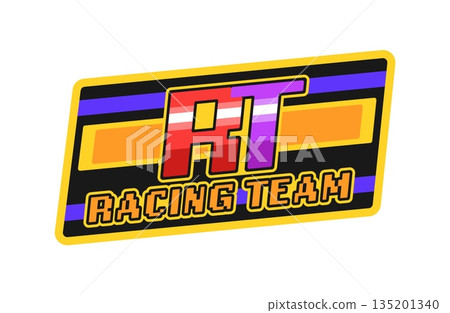 Car racing team, auto race retro Y2K sticker or label. Drag race vintage vector patch, motorsport grand prix Y2K sticker. Rally speed racing championship label or tag with pixelated typography 135201340