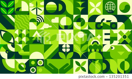 Environment ecology background with green geometric nature Bauhaus pattern. Planet Earth nature graphic Bauhaus vector pattern, clean environment pattern print. Clean ecology backdrop or background 135201351