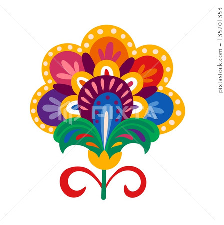 Mexican ethnic holiday abstract flower element with big colorful petals bud. Latin American culture flower element, Mexico ethnic floral vector object. Mexican nature decoration or decor 135201353