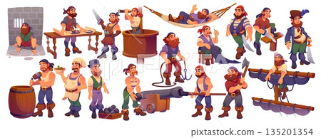 Cartoon pirate characters, corsair ship crew members set. Funny captain, sailor, gunner and skipper pirates vector personages. Happy boatswain, lookout, doctor, carpenter and cook corsairs characters Cartoon pirate characters, corsair ship crew members set. Funny captain, sailor, gunner and skipper pirates vector personages. Happy boatswain, lookout, doctor, carpenter and cook corsairs characters 135201354