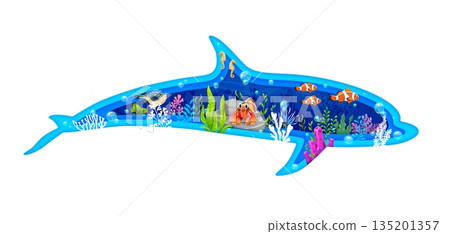 Paper cut dolphin silhouette with underwater landscape. 3d vector papercut frame in shape of playful ocean animal body with serene aquatic vegetation, seaweeds, bubbles and fish, crab, seahorse in sea Paper cut dolphin silhouette with underwater landscape. 3d vector papercut frame in shape of playful ocean animal body with serene aquatic vegetation, seaweeds, bubbles and fish, crab, seahorse in sea 135201357