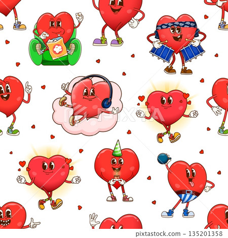 Cute groovy heart characters vector seamless pattern. Funny hearts with big eyes and cheerful expressions watching tv, jogging, playing music, celebrating with gifts, drumming and training with weight 135201358