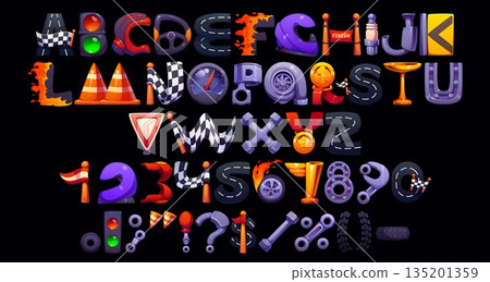 Cartoon racing font, race typeface, speedy letters type, sport english alphabet. Vector race car and motor sport font letters and numbers typography set of racing flags, auto wheels and trophy cups 135201359