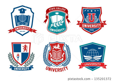University college and school academy education vector icons set. Books, globes, knowledge torch and student graduation hats heraldic shield badges of university, college or school isolated symbols 135201372