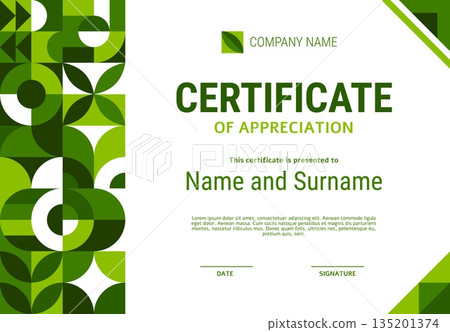 Ecology certificate of appreciation with green geometric Bauhaus pattern. Planet ecology protection vector diploma, nature sustainability certificate. Environment saving award with Bauhaus pattern 135201374