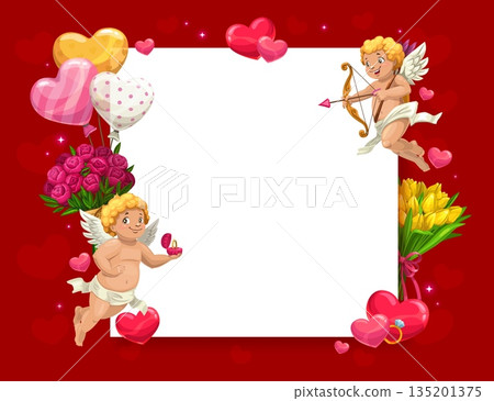 Valentine's day banner or greeting card frame. Love day vector flyer, romantic party poster. Romance celebration banner with cupids with bow and engagement ring, peony and tulip flowers, balloons 135201375