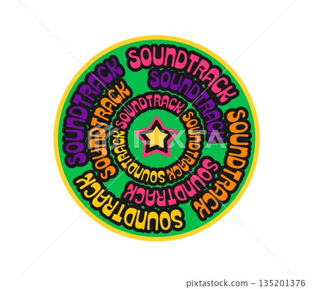 Music soundtrack Y2K groovy sticker or patch. Radio sound Y2K groovy tag, musical art record funky vector sticker. Concert audio label or music festival melody patch with neon colors funky typography 135201376