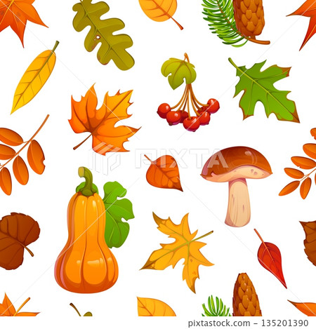 Autumn fall leaves, mushrooms, berry and acorn harvest seamless pattern. Vector cozy seasonal harvest tile background with cartoon bright fall forest foliage, mushrooms, pumpkin, berries and pinecones Autumn fall leaves, mushrooms, berry and acorn harvest seamless pattern. Vector cozy seasonal harvest tile background with cartoon bright fall forest foliage, mushrooms, pumpkin, berries and pinecones 135201390