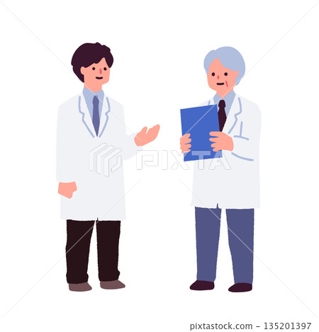 Illustration of a medical team where a young doctor and a veteran doctor consult 135201397