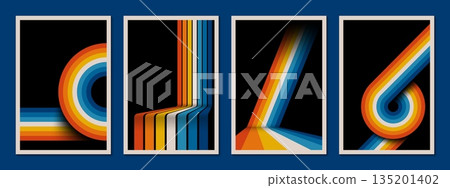 70s retro line background or abstract art vintage posters with rainbow geometric pattern. Vector retro backgrounds with lines of color wave circles for 1970s pop or disco music creative banners design 70s retro line background or abstract art vintage posters with rainbow geometric pattern. Vector retro backgrounds with lines of color wave circles for 1970s pop or disco music creative banners design 135201402