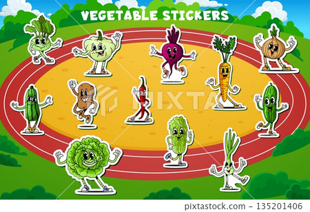 Cartoon retro groovy vegetable characters stickers pack. Vector funny patches of carrot, onion, beet, chili and cabbage hippie farm personages training on stadium with smiling faces and retro y2k vibe Cartoon retro groovy vegetable characters stickers pack. Vector funny patches of carrot, onion, beet, chili and cabbage hippie farm personages training on stadium with smiling faces and retro y2k vibe 135201406