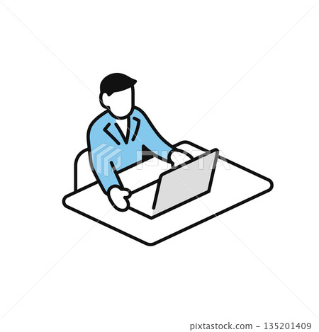 一個簡單的向量圖標,描繪了一名工人操作筆記型電腦的場景。 一個簡單的向量圖標,描繪了一名工人操作筆記型電腦的場景。 135201409