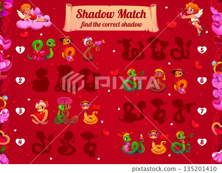 Shadow match game with Valentine day snakes to find correct picture, vector cartoon worksheet. Shadow match kids game quiz with funny snake characters, Valentine day hearts, magic potion and flowers Shadow match game with Valentine day snakes to find correct picture, vector cartoon worksheet. Shadow match kids game quiz with funny snake characters, Valentine day hearts, magic potion and flowers 135201410