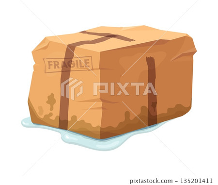 Crumpled and damaged box, broken ripped parcel cardboard package. Soaked and dented parcel box with dripping water and rough tape lines. Delivery problem, bad logistics theme 135201411