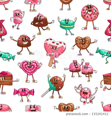 Retro groovy candy and sweets seamless pattern. Chocolate pralines, heart shaped lollipop, donuts, cake slices, cupcakes and toffees anthropomorphic personages. Cartoon vector pastry characters tile Retro groovy candy and sweets seamless pattern. Chocolate pralines, heart shaped lollipop, donuts, cake slices, cupcakes and toffees anthropomorphic personages. Cartoon vector pastry characters tile 135201412