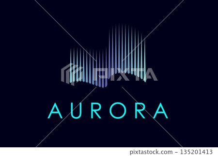 Northern sky aurora borealis wave light icon with gradient light beams on dark night sky background. Vector emblem in blue glowing spectrum, polar night arctic glow, North Pole aurora borealis wave 135201413