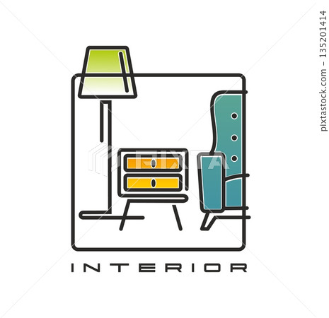 Home interior decor and furniture icon of modern room setup with a floor lamp, chair and small cabinet arranged inside a clean outline frame. Vector emblem for interior design studio and home services Home interior decor and furniture icon of modern room setup with a floor lamp, chair and small cabinet arranged inside a clean outline frame. Vector emblem for interior design studio and home services 135201414