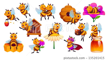 Cartoon honey bee characters. Cheerful and cute garden insect personages interacting with flowers, honey and hives. Bright and whimsical vector set of mascots for apiary and beekeeping farm production Cartoon honey bee characters. Cheerful and cute garden insect personages interacting with flowers, honey and hives. Bright and whimsical vector set of mascots for apiary and beekeeping farm production 135201415