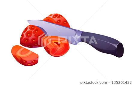 Cartoon strawberry being sliced with a knife, featuring ripe juicy flesh and glossy knife handle, representing food cooking process. Kitchen utensil and cook food recipe from fresh garden berries Cartoon strawberry being sliced with a knife, featuring ripe juicy flesh and glossy knife handle, representing food cooking process. Kitchen utensil and cook food recipe from fresh garden berries 135201422