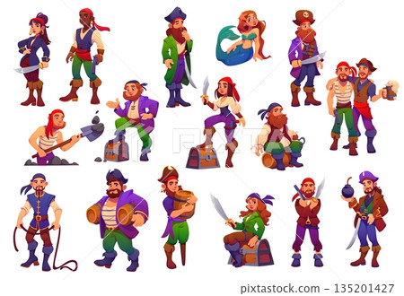Cartoon pirate corsair characters, captain and sailor, boatswain, skipper and mermaid vector personages. Cartoon funny man and woman pirate corsairs in costumes and hats, treasure chests, swords, guns 135201427