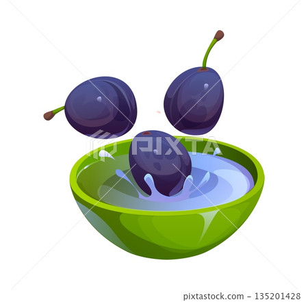 Cartoon vector three dark purple plums being washed in a bright green bowl filled with water, representing cooking process. Fresh damson fruits with one plum splashes into the liquid with water splash Cartoon vector three dark purple plums being washed in a bright green bowl filled with water, representing cooking process. Fresh damson fruits with one plum splashes into the liquid with water splash 135201428