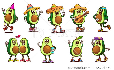 Cartoon funny groovy avocado characters playing guitar with sombreros. Cute retro groovy avocado halves vector emoji with party hat, sun cap and water bottle. Loving couple of green fruits with hearts 135201430