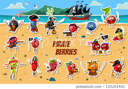 Cartoon berry pirate and corsair characters stickers on treasure island landscape vector background. Cute cherry, strawberry, cranberry and bilberry, raspberry and barberry with pirate ship, flags Cartoon berry pirate and corsair characters stickers on treasure island landscape vector background. Cute cherry, strawberry, cranberry and bilberry, raspberry and barberry with pirate ship, flags 135201441