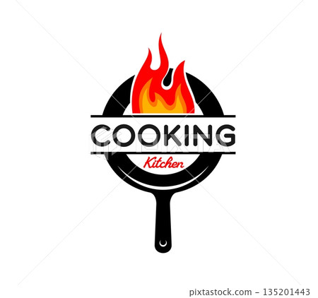 Street cafe grill menu pan cook icon or patch. Cafe cuisine menu emblem, Asian culinary WOG pan vector label. Fast food kitchen cooking utensil icon or badge with cast iron pan and hot fire flames Street cafe grill menu pan cook icon or patch. Cafe cuisine menu emblem, Asian culinary WOG pan vector label. Fast food kitchen cooking utensil icon or badge with cast iron pan and hot fire flames 135201443