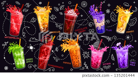 Cartoon milk bubble tea glasses with bright splashes and fruits. Vector set of vibrant drinks in flavors like watermelon, mango, plum and taro milk, maracuja, pitaya, papaya or pomegranate, chocolate Cartoon milk bubble tea glasses with bright splashes and fruits. Vector set of vibrant drinks in flavors like watermelon, mango, plum and taro milk, maracuja, pitaya, papaya or pomegranate, chocolate 135201444
