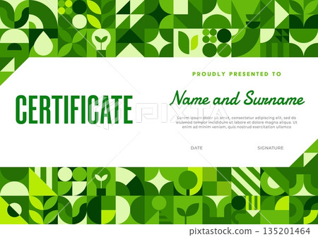 Environment ecology business certificate with geometric Bauhaus pattern. Planet saving vector certificate, environment sustainability official letter. Ecology protection award with Bauhaus shapes Environment ecology business certificate with geometric Bauhaus pattern. Planet saving vector certificate, environment sustainability official letter. Ecology protection award with Bauhaus shapes 135201464