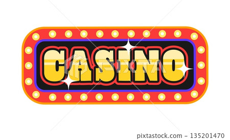 Casino lamp signboard Y2K groovy sticker. Gambling 60s vector label, gamble luck groovy retro tag. Fortune retro sticker or patch with casino glowing light sign and golden typography 135201470