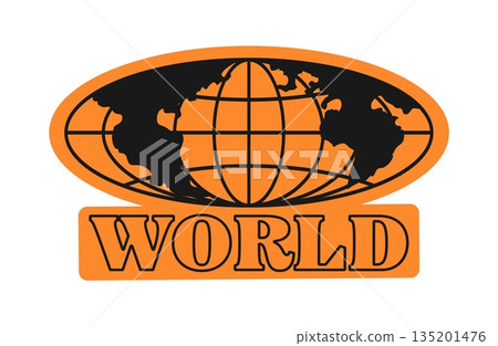 World orange and black globe Y2K groovy sticker or patch. Y2K vector wireframe globe patch, planet globus sticker. World mesh sphere label with black globe and typography on orange background World orange and black globe Y2K groovy sticker or patch. Y2K vector wireframe globe patch, planet globus sticker. World mesh sphere label with black globe and typography on orange background 135201476
