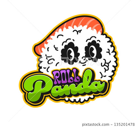 Japanese seafood sushi panda retro Y2K sticker or patch. Asian menu dish Y2K patch, Japan seafood delicacy 60s 70s vector tag. Japanese cuisine sushi gourmet sticker with rice panda character face 135201478