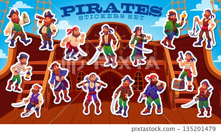 Cartoon pirate and corsair characters stickers pack at old sailing ship deck vector background. Happy pirate captain, sailor and skipper characters with corsair costumes, swords and treasure chest 135201479
