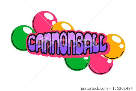 Pirate cannonball vintage Y2K sticker or symbol. Piracy and sailing tag, corsair marine retro vector label. Pirate nautical Y2K sticker or patch with colorful cannonballs and typography 135201484