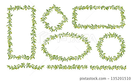 Olive branch frame border with plant leaves. Olive tree twig and leaves vector round, oval and rectangular frames, agriculture fruit corner. Mediterranean cuisine or vegetarian food berry border 135201510