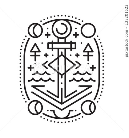 Pirate ship or vessel anchor esoteric line symbol. Buccaneer nautical sacred thin line vector print, corsair pirate esoteric linear symbol. Filibuster marine tarot sign with sailing anchor and waves 135201522