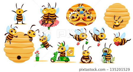 Cartoon funny bee characters. Cute cheerful vector insect personages in playful activities, flying, hugging, watering flowers, reading, delivering honey, surrounded by beehives, honeycombs and flowers 135201529