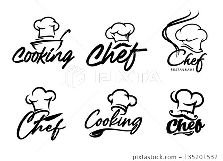Chef and cook icons of bakery, restaurant, bistro or culinary school. Vector head chef hats, baker or cook toque caps isolated minimal symbols set with vintage mustaches, bowl, spoons and knife 135201532