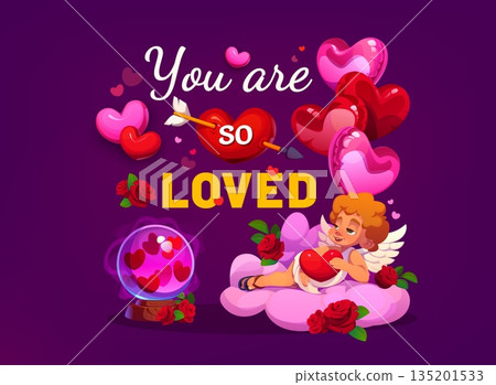 You are so loved Valentines Day holiday quote. Vector typography of Valentine love card with cartoon romantic holiday gifts and cherub Cupid angel character, pierced heart, balloons and cute quote You are so loved Valentines Day holiday quote. Vector typography of Valentine love card with cartoon romantic holiday gifts and cherub Cupid angel character, pierced heart, balloons and cute quote 135201533
