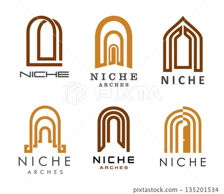Niche arch, window and door frame line icons, vector house interior or architecture. Home, castle, palace or church buildings niche arches isolated icons. Brown window, door and gate arched frames set 135201534