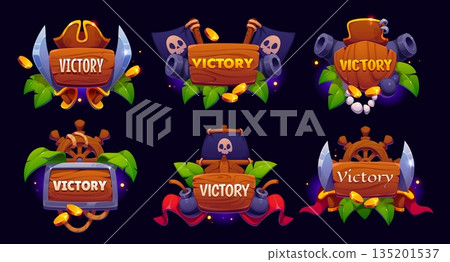 Pirate game victory award icons, vector UI asset. Cartoon winner trophy badges with corsair ship, wheel and captain hat, treasure gold, skull black flags and sail. Piracy game victory shield icons Pirate game victory award icons, vector UI asset. Cartoon winner trophy badges with corsair ship, wheel and captain hat, treasure gold, skull black flags and sail. Piracy game victory shield icons 135201537