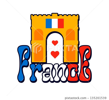 France Arc de Triomphe vintage Y2K sticker or label. France tourism 60s Y2K vector tag, European nation flag color sticker. Europe country label with Paris architecture famous Arch of Triumph monument France Arc de Triomphe vintage Y2K sticker or label. France tourism 60s Y2K vector tag, European nation flag color sticker. Europe country label with Paris architecture famous Arch of Triumph monument 135201539