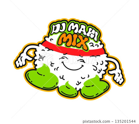 Japan restaurant maki sushi vintage Y2K sticker or label. Japanese cuisine meal Y2K tag, Japan seafood dish vector sticker. Sushi menu delicacy label with rice ball emoji character and wasabi sauce 135201544