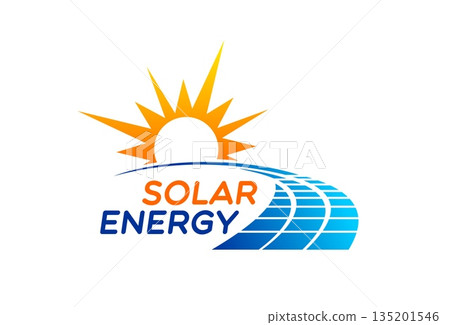 Renewable solar energy technology icon or sign. Solar electricity industry vector icon, eco electric technology badge. Clean power company emblem with curved path road made of solar panels, sun disk 135201546