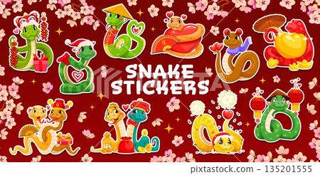 Valentine's day funny snake characters stickers. Saint Valentine Chinese zodiac animal character vector stickers. Asian snakes personages tags with fireworks, heart and golden nugget, fan and lanterns 135201555