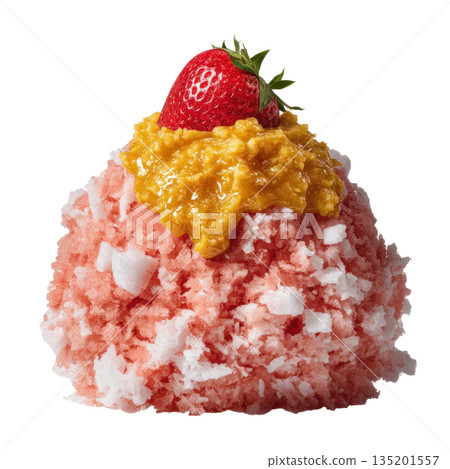 Strawberry shaved ice dessert topped with golden mango puree and fresh strawberry, offering refreshing and vibrant tropical flavor experience 135201557