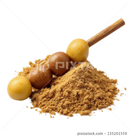 Brown sugar powder with sweet sticky rice balls on wooden stick, traditional dessert with rich texture and warm color 135201559