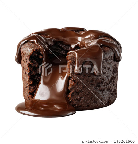 Molten chocolate cake with rich melted chocolate sauce dripping down, creating delicious and indulgent dessert experience 135201606