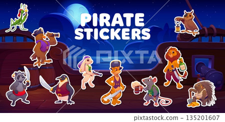 Animal pirate ship crew characters stickers pack on night deck vector background. Cartoon lion, tiger, owl and bunny, eagle and rat pirates with treasure and swords. Animal and bird corsair characters 135201607